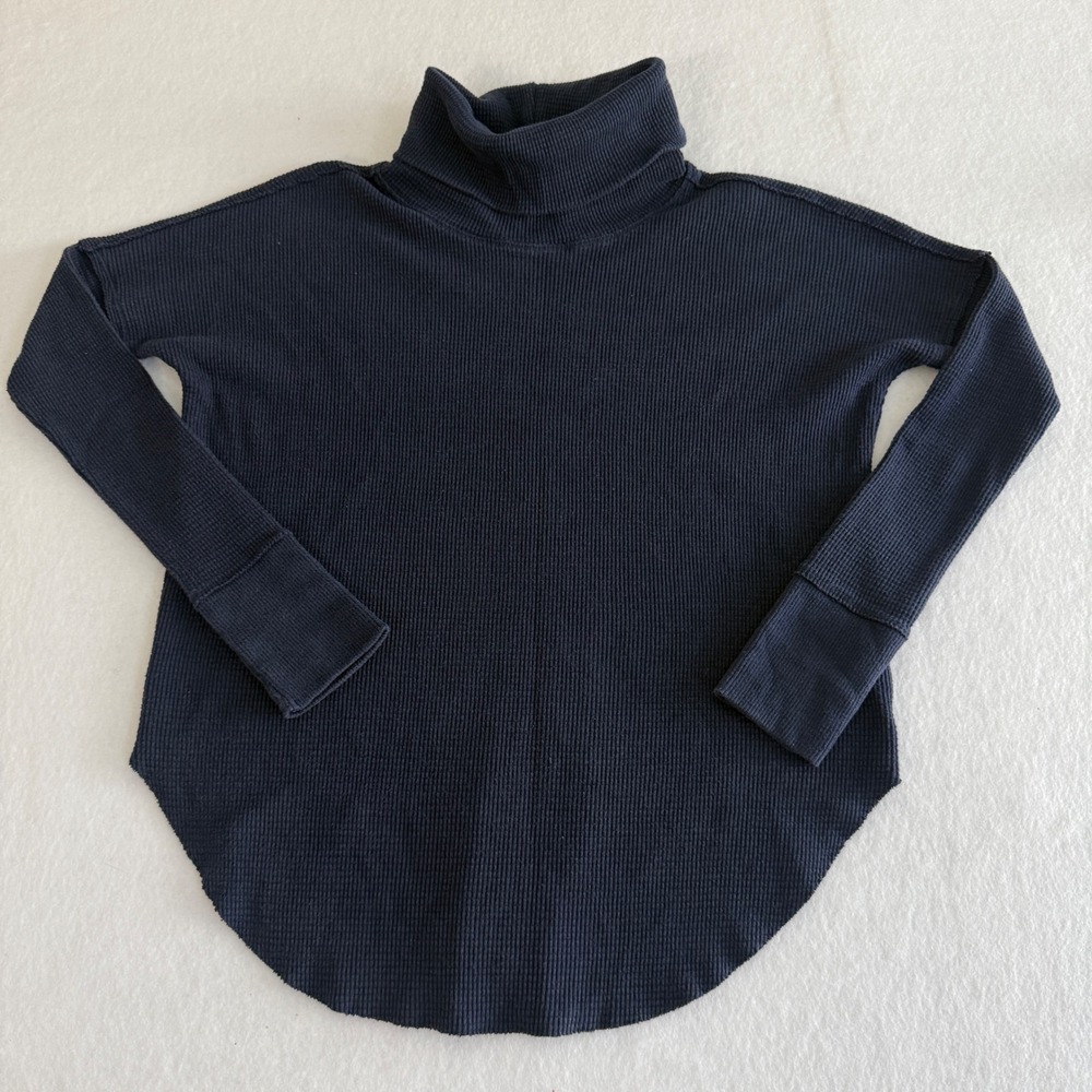 Tna Relaxed Waffle Knit‎ Turtleneck Top Womens XS Navy Blue Thermal
